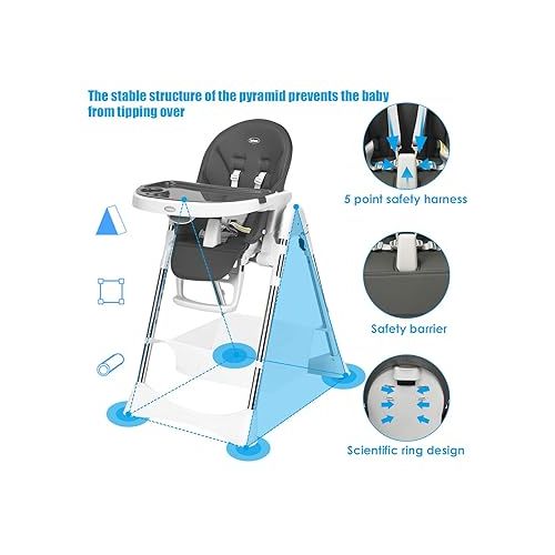  INFANS Foldable High Chair with Large Storage Basket - Adjustable Heights, Recline & Footrest, Removable PU Cushion, Detachable Double Trays, 5-Point Safety Harness for Baby, Infants & Toddlers（Grey）