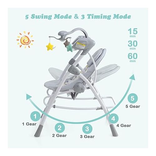  INFANS 2 in 1 Baby Swing and Bouncer for Infants, Portable Newborn Rocker with 5 Speed Sway Music Timing 3 Toys Remote Control, Easy Fold, Compact Electric Baby Swing for 0-6 Months Boy Girl