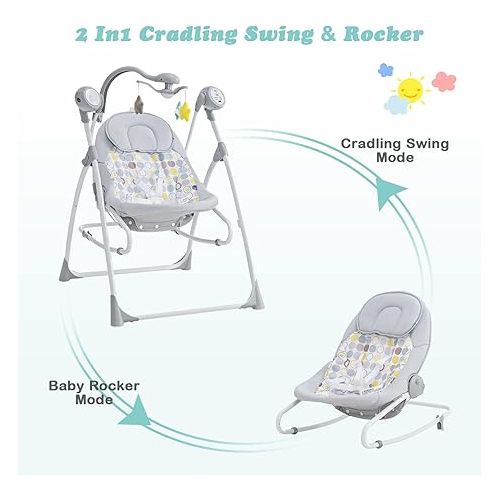  INFANS 2 in 1 Baby Swing and Bouncer for Infants, Portable Newborn Rocker with 5 Speed Sway Music Timing 3 Toys Remote Control, Easy Fold, Compact Electric Baby Swing for 0-6 Months Boy Girl