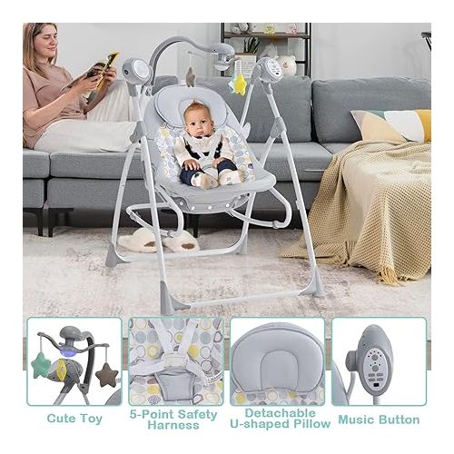  INFANS 2 in 1 Baby Swing and Bouncer for Infants, Portable Newborn Rocker with 5 Speed Sway Music Timing 3 Toys Remote Control, Easy Fold, Compact Electric Baby Swing for 0-6 Months Boy Girl