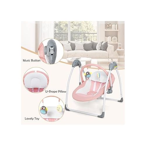  INFANS Baby Swing for Infants, Compact Portable Baby Electric Rocker for Newborn with 5 Speed Natural Sway Music Timing 2 Toys Remote Control, Easy Fold, 0-6 Months Boy Girl