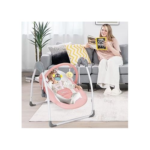  INFANS Baby Swing for Infants, Compact Portable Baby Electric Rocker for Newborn with 5 Speed Natural Sway Music Timing 2 Toys Remote Control, Easy Fold, 0-6 Months Boy Girl