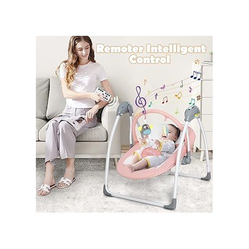  INFANS Baby Swing for Infants, Compact Portable Baby Electric Rocker for Newborn with 5 Speed Natural Sway Music Timing 2 Toys Remote Control, Easy Fold, 0-6 Months Boy Girl