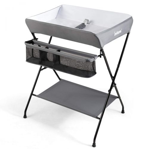  INFANS Baby Diaper Table, Portable Infant Changing Station with Safety Belt, Large Storage Basket & Shelf, Easy to Clean Waterproof Surface, Non Slip Foot Covers, Foldable Nursery