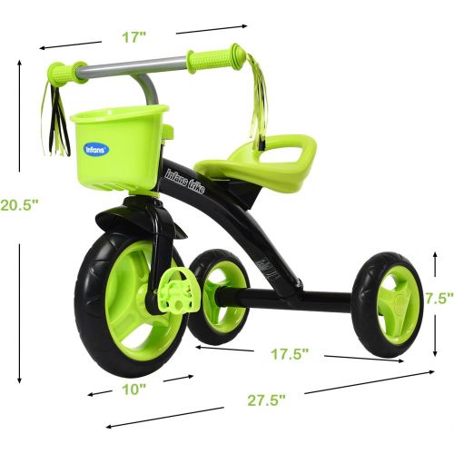  INFANS Kids Tricycle Rider with Adjustable Seat, Storage Basket, Premium Quiet Wheels, Non-Slip Handle (Green)