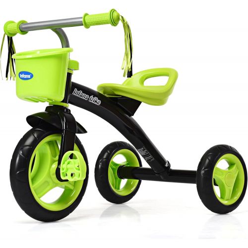  INFANS Kids Tricycle Rider with Adjustable Seat, Storage Basket, Premium Quiet Wheels, Non-Slip Handle (Green)