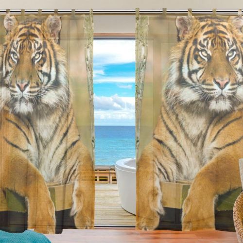  INGBAGS Bedroom Decor Living Room Decorations Tiger Pattern Print Tulle Polyester Door Window Gauze  Sheer Curtain Drape Two Panels Set 55x78 inch ,Set of 2