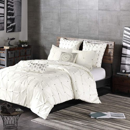  Ink+Ivy 3 Piece Elastic Embroidered Cotton Duvet Cover Set White KingCal King