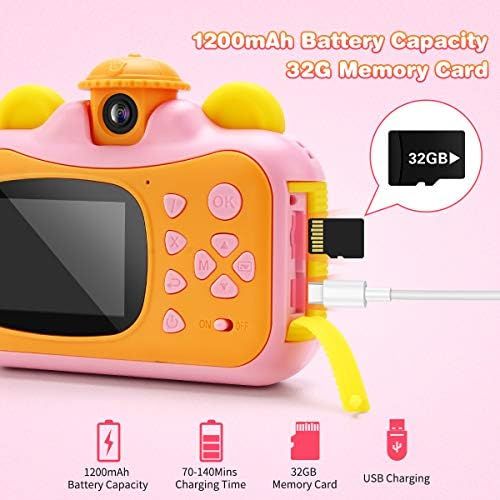  32GB Instant Print Cameras for Kids, Zero Ink 1080p Video Kids Digital 12MP Selfie Camera for Girls,INKPOT Birthday Gift Photo Printer Camera for Kids Age 6 7 8 9 10-Color Pens,Pri