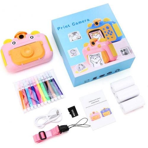  32GB Instant Print Cameras for Kids, Zero Ink 1080p Video Kids Digital 12MP Selfie Camera for Girls,INKPOT Birthday Gift Photo Printer Camera for Kids Age 6 7 8 9 10-Color Pens,Pri