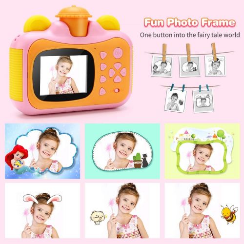  32GB Instant Print Cameras for Kids, Zero Ink 1080p Video Kids Digital 12MP Selfie Camera for Girls,INKPOT Birthday Gift Photo Printer Camera for Kids Age 6 7 8 9 10-Color Pens,Pri