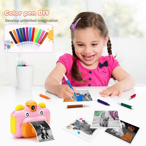  32GB Instant Print Cameras for Kids, Zero Ink 1080p Video Kids Digital 12MP Selfie Camera for Girls,INKPOT Birthday Gift Photo Printer Camera for Kids Age 6 7 8 9 10-Color Pens,Pri