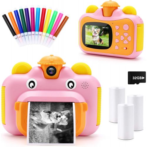  32GB Instant Print Cameras for Kids, Zero Ink 1080p Video Kids Digital 12MP Selfie Camera for Girls,INKPOT Birthday Gift Photo Printer Camera for Kids Age 6 7 8 9 10-Color Pens,Pri