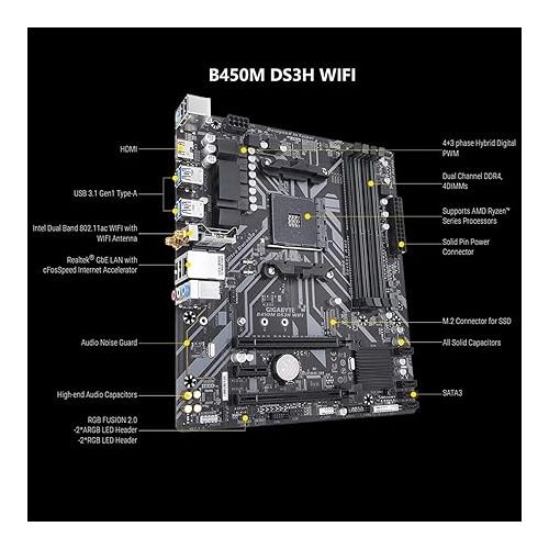  INLAND AMD Ryzen 5 4500 6-Core 12-Thread Unlocked Desktop Processor Bundle with GIGABYTE B450M DS3H WiFi MATX AM4 Gaming Motherboard,