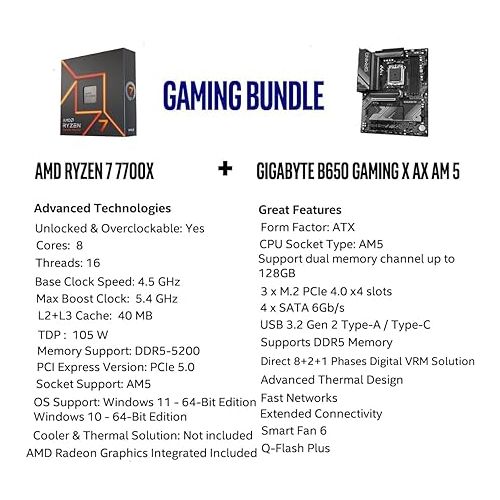  INLAND Micro Center AMD Ryzen 7 7700X 8-Core 16-Thread AM5 5.4 GHz Unlocked Desktop Processor Bundle with GIGABYTE B650 Gaming X AX AM5 DDR5 ATX Gaming Motherboard(PCIe 4.0 M.2/USB 3.2 Gen2x2 Type-C)