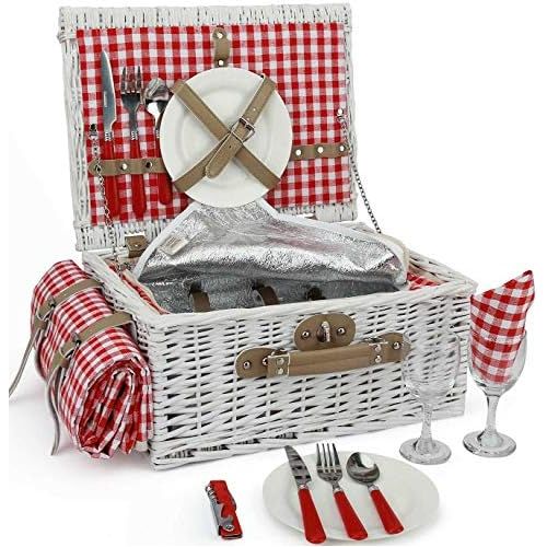  INNO STAGE Romantic Wicker Picnic Basket for 2 Persons, Special White Washed Willow Hamper Set with Big Insulated Cooler Compartment, Picnic Blanket and Cutlery Service Kit for Tha