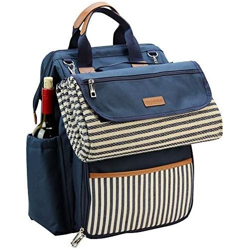  INNO STAGE Wide Open Picnic Backpack Bag for 4, with Large Capacity Insulated Cooler Compartment,9 Plates,Wooden Handle Cutlery and Waterproof Blanket Best Gift - Navy Blue Color