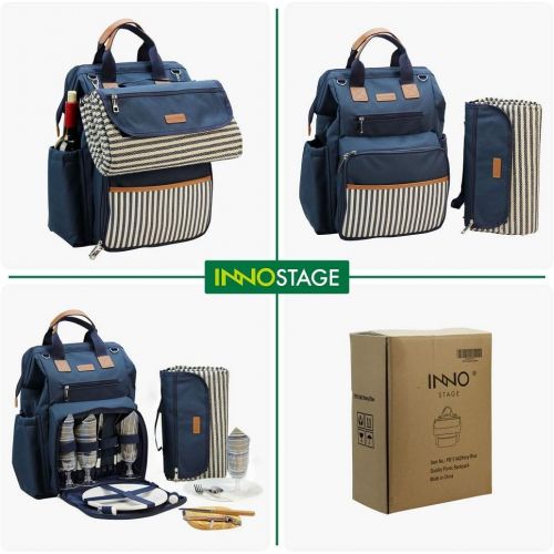  INNO STAGE Wide Open Picnic Backpack Bag for 4, with Large Capacity Insulated Cooler Compartment,9 Plates,Wooden Handle Cutlery and Waterproof Blanket Best Gift - Navy Blue Color