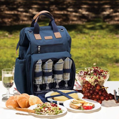  INNO STAGE Wide Open Picnic Backpack Bag for 4, with Large Capacity Insulated Cooler Compartment,9 Plates,Wooden Handle Cutlery and Waterproof Blanket Best Gift - Navy Blue Color