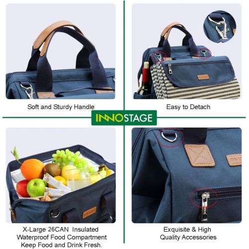  INNO STAGE Wide Open Picnic Backpack Bag for 4, with Large Capacity Insulated Cooler Compartment,9 Plates,Wooden Handle Cutlery and Waterproof Blanket Best Gift - Navy Blue Color