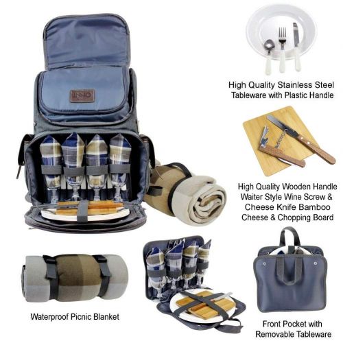  INNO STAGE Insulated Picnic Backpack for 4, Hiking & Camping Back Pack Set with Separated Cooler Tote Win Picnic Bag,Movable Dinner Set Carrier,Plates,Cutlery and Waterproof Picnic