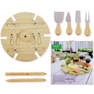 INNO STAGE Bamboo Wine and Snacks Table, Cheese Board/Platter with Cutlery Set for Picnic Outdoor and Indoor-6 Positions Holder for Glasses with Knives