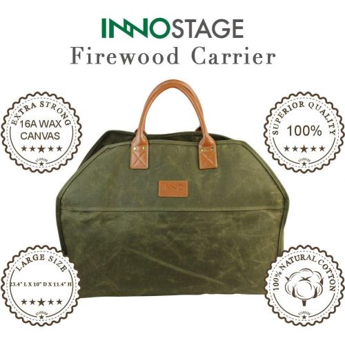  [아마존 핫딜] [아마존핫딜]INNO STAGE Heavy Duty Wax Canvas Log Carrier Tote,Large Fire Wood Bag,Durable Firewood Holder,Fireplace Wood Stove Accessories Storage Bag - Green