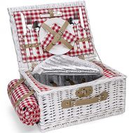 INNO STAGE Romantic Wicker Picnic Basket for 2 Persons, Special White Washed Willow Hamper Set with Big Insulated Cooler Compartment, Picnic Blanket and Cutlery Service Kit for Tha
