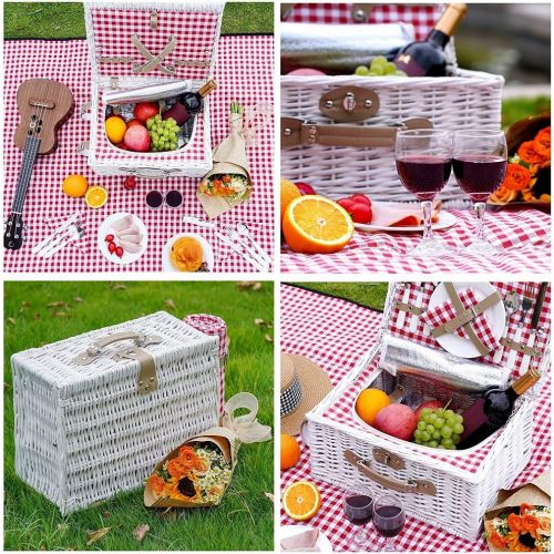  INNO STAGE Romantic Wicker Picnic Basket for 2 Persons, Special White Washed Willow Hamper Set with Big Insulated Cooler Compartment, Picnic Blanket and Cutlery Service Kit for Tha