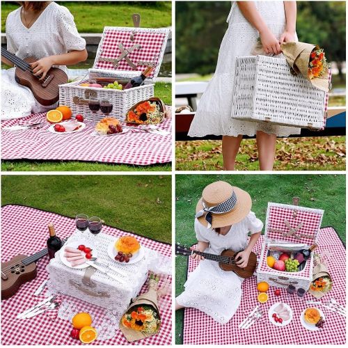  INNO STAGE Romantic Wicker Picnic Basket for 2 Persons, Special White Washed Willow Hamper Set with Big Insulated Cooler Compartment, Picnic Blanket and Cutlery Service Kit for Tha