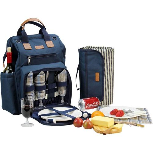  INNO STAGE Fish Mouth Picnic Backpack for 4, Insulated Cooler Bag with Wide Open Large Capacity, Free Waterproof Beach Blanket, 9 Plates, Wooden Handle Cutlery Set for Outdoor Camp