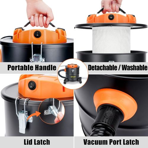  INNO STAGE Ash Vacuum Cleaner 5 Gallon with Wheeled Base, 1200W Powerful Suction Ash Vacuum, 96 Power Cord, Portable Style Ideal for Pellet Stoves, Wood Stoves, Bonfire Pits and BBQ Grills Or