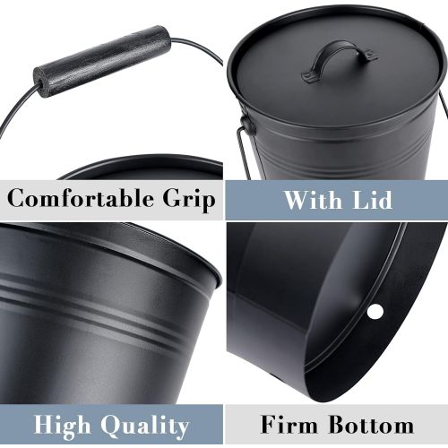  INNO STAGE 2.3 Gallon Ash Bucket with Lid and Wood Handle Coal Shovel, Ash Carrier Pail Fireplace Tools,Fire Pit,Wood Burning Stove Black (with Gloves)