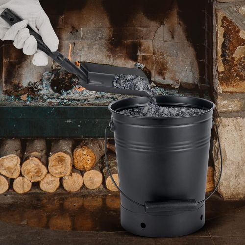  INNO STAGE 2.3 Gallon Ash Bucket with Lid and Wood Handle Coal Shovel, Ash Carrier Pail Fireplace Tools,Fire Pit,Wood Burning Stove Black (with Gloves)