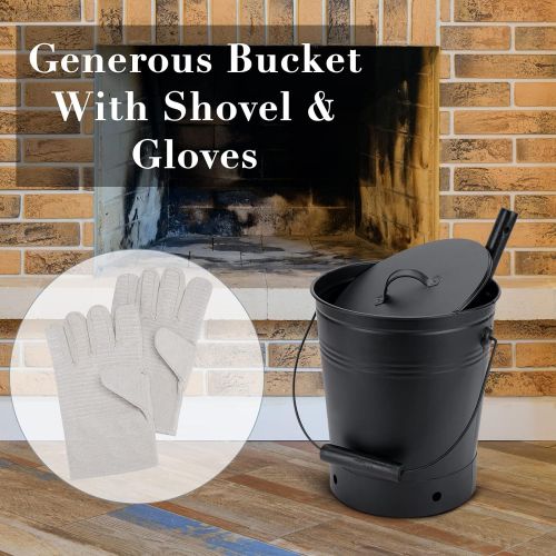  INNO STAGE 2.3 Gallon Ash Bucket with Lid and Wood Handle Coal Shovel, Ash Carrier Pail Fireplace Tools,Fire Pit,Wood Burning Stove Black (with Gloves)