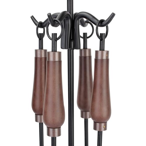  INNO STAGE 5 Pcs Fireplace Tools Sets Wooden Handle Wrought Iron Tool and Holder Outdoor Fireset Fire Pit Stand Rustic Tongs Shovel Brush Chimney Poker Wood Stove Hearth Accessorie