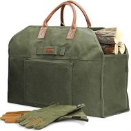 INNO STAGE Firewood Log Carrier Bag Waxed Canvas Tote Holder with Fireplace Pure Leather Gloves Set for Camping, BBQ Barbecue Green Bag