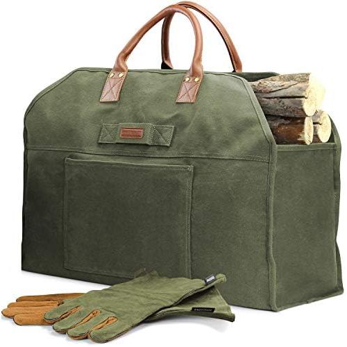  INNO STAGE Firewood Log Carrier Bag Waxed Canvas Tote Holder with Fireplace Pure Leather Gloves Set for Camping, BBQ Barbecue Green Bag