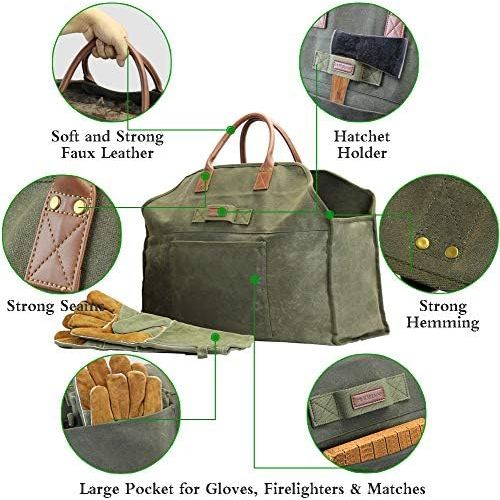  INNO STAGE Firewood Log Carrier Bag Waxed Canvas Tote Holder with Fireplace Pure Leather Gloves Set for Camping, BBQ Barbecue Green Bag