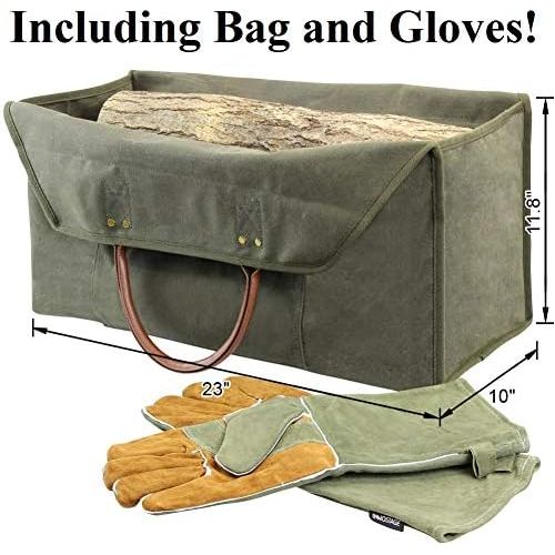  INNO STAGE Firewood Log Carrier Bag Waxed Canvas Tote Holder with Fireplace Pure Leather Gloves Set for Camping, BBQ Barbecue Green Bag