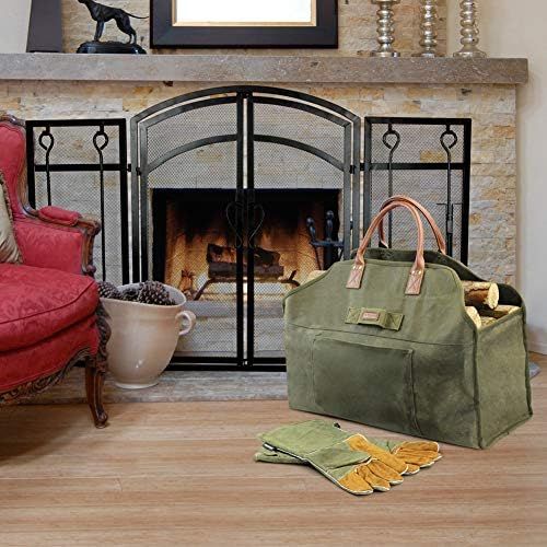  INNO STAGE Firewood Log Carrier Bag Waxed Canvas Tote Holder with Fireplace Pure Leather Gloves Set for Camping, BBQ Barbecue Green Bag