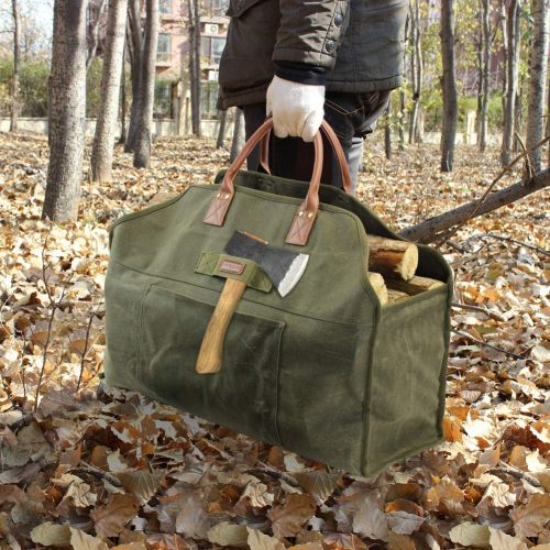  INNO STAGE Firewood Log Carrier Bag Waxed Canvas Tote Holder with Fireplace Pure Leather Gloves Set for Camping, BBQ Barbecue Green Bag