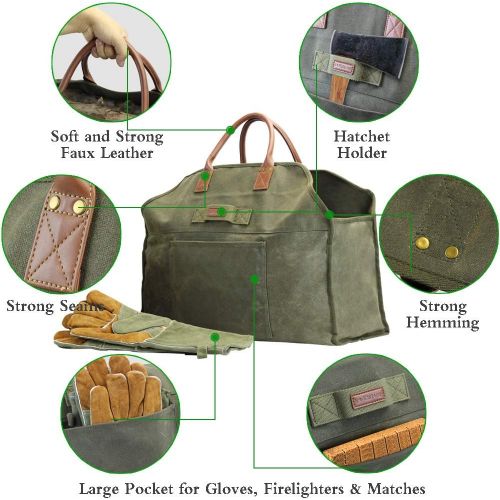  INNO STAGE Firewood Log Carrier Bag Waxed Canvas Tote Holder with Fireplace Pure Leather Gloves Set for Camping, BBQ Barbecue Green Bag