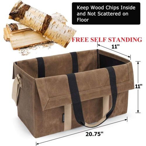  INNO STAGE Free Standing Firewood Log Carrier Bag 22 oz Thickened Waxed Canvas Fire Wood Holder Tote with Adjustable Shoulder Strap and Soft Handles for Camping or BBQ Barbecue