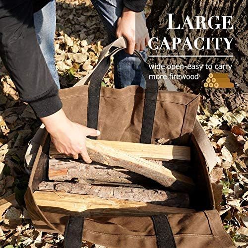  INNO STAGE Free Standing Firewood Log Carrier Bag 22 oz Thickened Waxed Canvas Fire Wood Holder Tote with Adjustable Shoulder Strap and Soft Handles for Camping or BBQ Barbecue