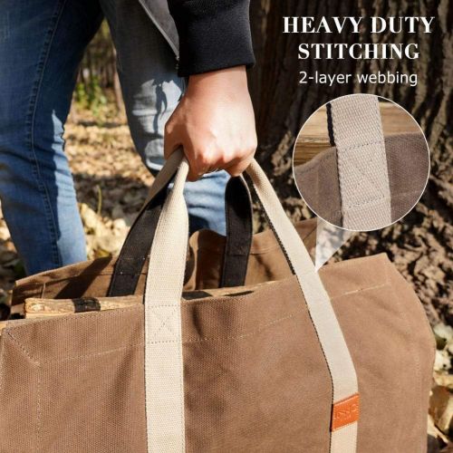  INNO STAGE Free Standing Firewood Log Carrier Bag 22 oz Thickened Waxed Canvas Fire Wood Holder Tote with Adjustable Shoulder Strap and Soft Handles for Camping or BBQ Barbecue