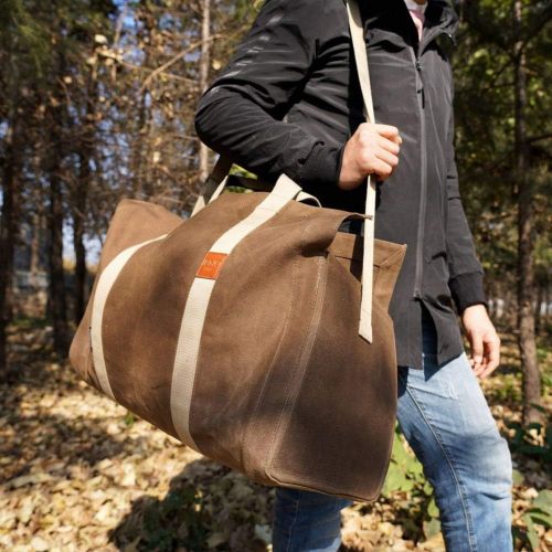  INNO STAGE Free Standing Firewood Log Carrier Bag 22 oz Thickened Waxed Canvas Fire Wood Holder Tote with Adjustable Shoulder Strap and Soft Handles for Camping or BBQ Barbecue