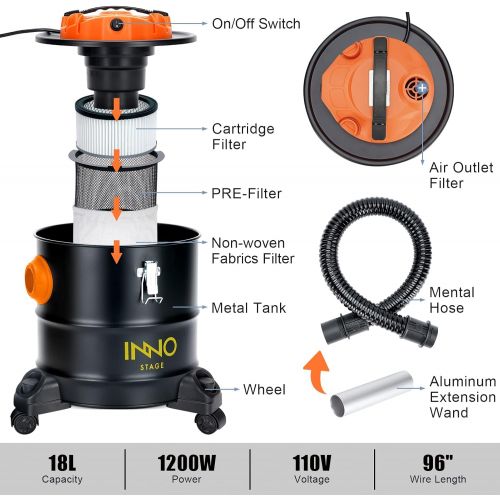  INNO STAGE Ash Vacuum Cleaner 5 Gallon with Wheeled Base, 1200W Powerful Suction Ash Vacuum, 96 Power Cord, Portable Style Ideal for Pellet Stoves, Wood Stoves, Bonfire Pits and BBQ Grills Or
