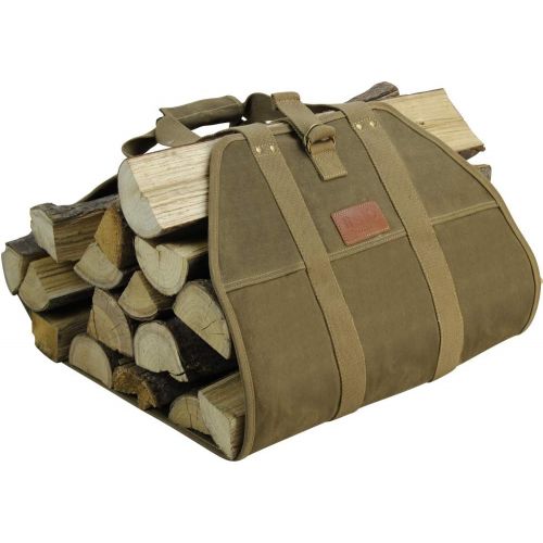  INNO STAGE Fire Wood Log Carrier Tote Bag, Waxed Canvas Hay Hauling for Fireplace, Round Woodpile Carrying for Tubular Stand by Hearth Stove or Outdoor Camping