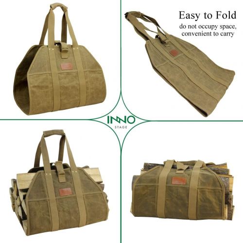  INNO STAGE Fire Wood Log Carrier Tote Bag, Waxed Canvas Hay Hauling for Fireplace, Round Woodpile Carrying for Tubular Stand by Hearth Stove or Outdoor Camping